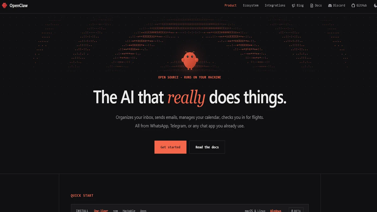 Ilustración del asistente de inteligencia artificial OpenClaw con su mascota langosta conectado a aplicaciones de mensajería